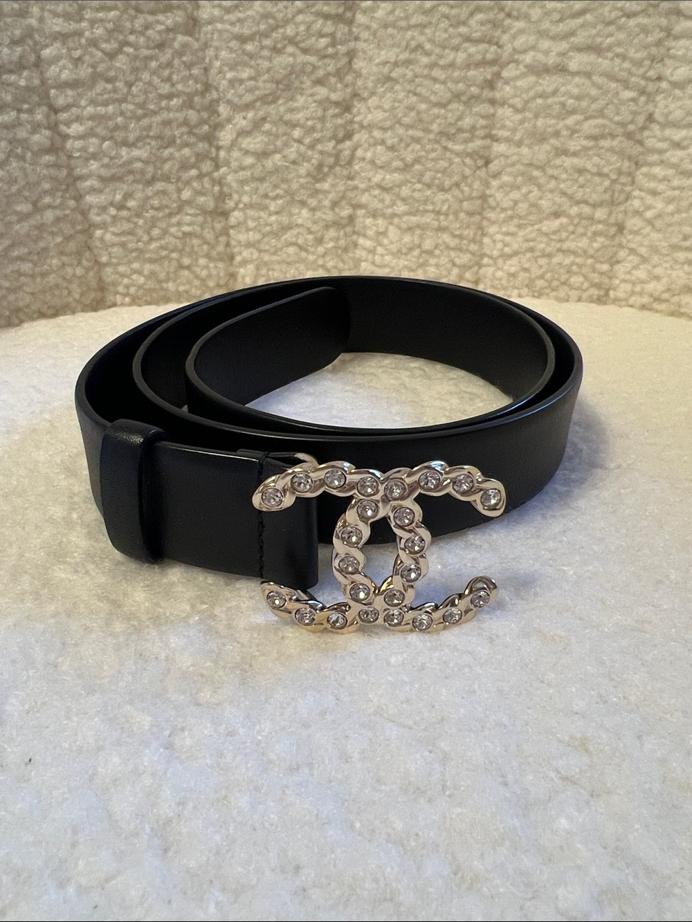 Chanel Black Leather Belt with Crystal CC Buckle